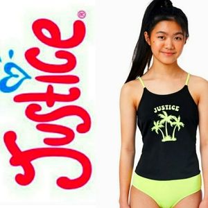 🆕 Girls Justice 2pc Tankini Swimsuit Black & Neon Greenish Yellow Size 12 NWT